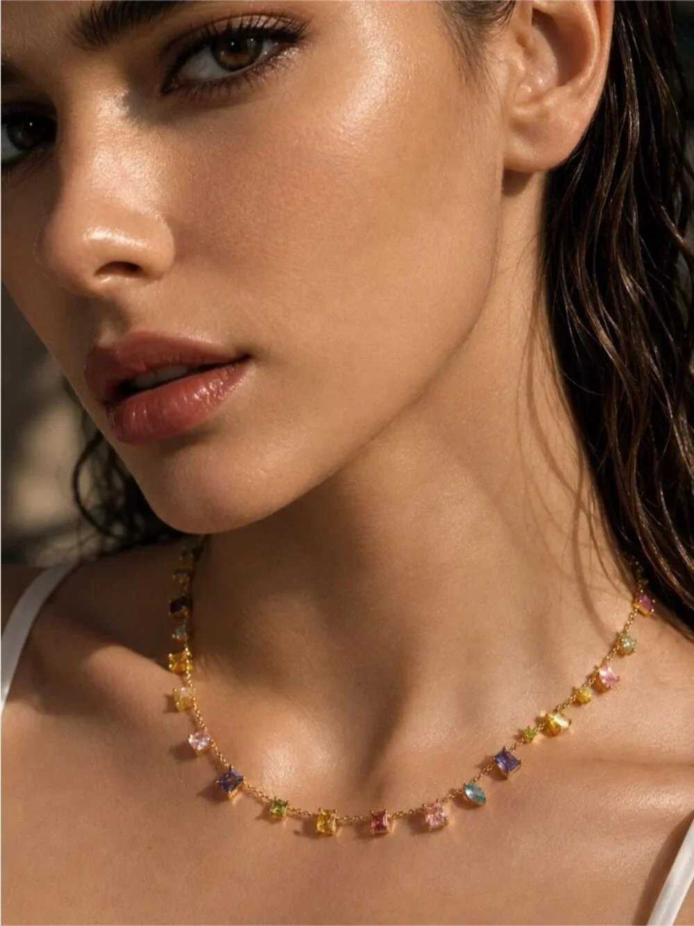 Gold plated Multigemstone Station Necklace — Purple, Pink, Blue & Yellow